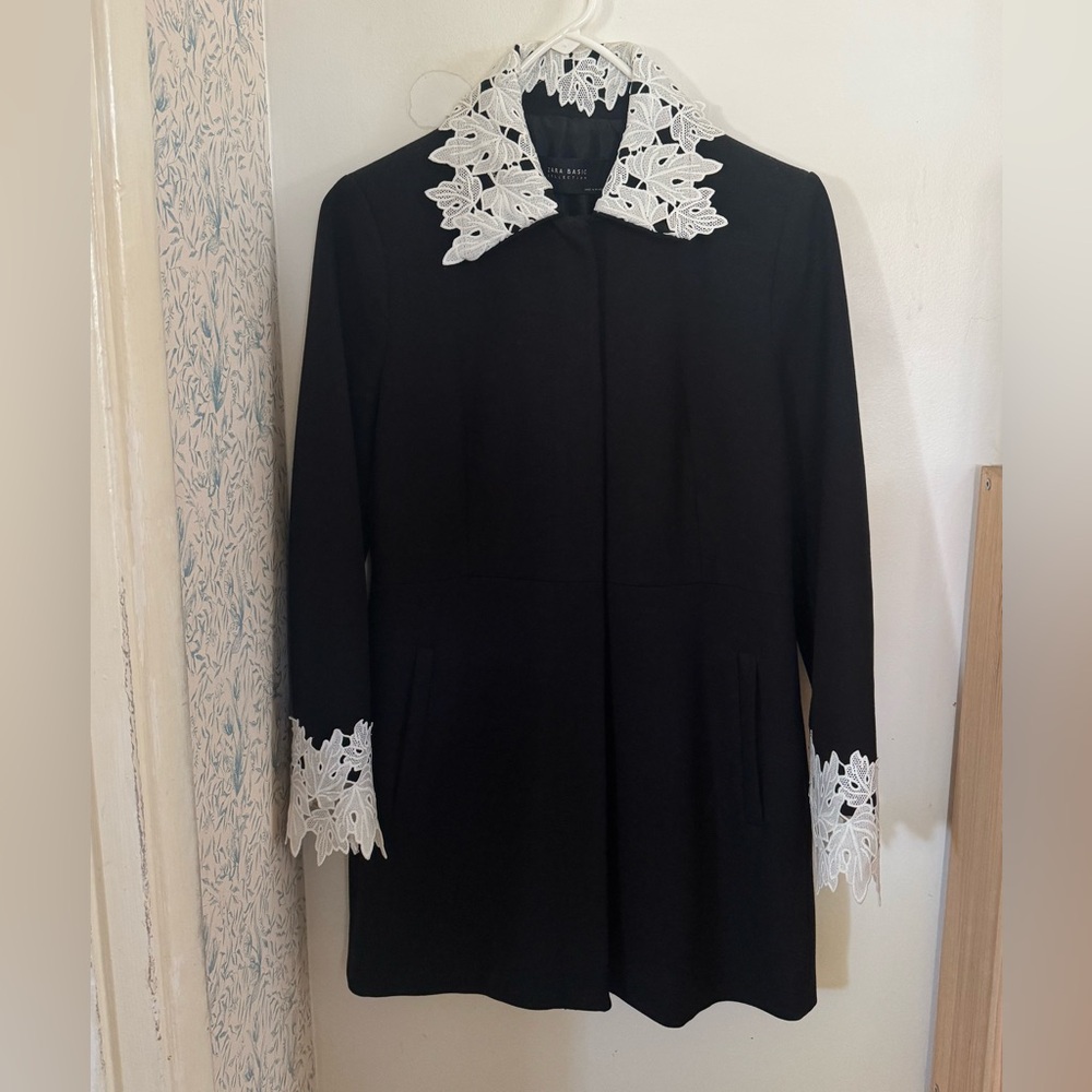 Zara Elegant Black Coat with Lace Detailing
